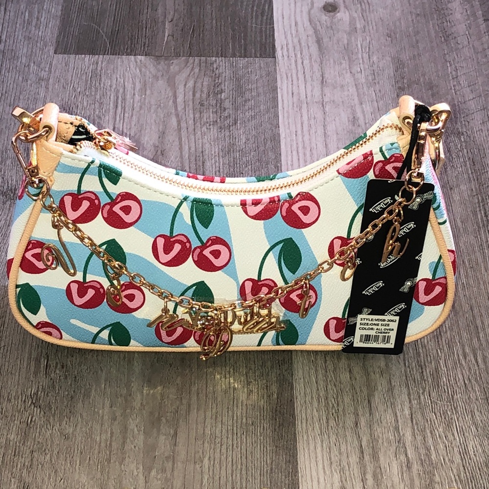 Von Dutch All Over Cherry Shoulder Bag With Von Dutch Logo Chain Accent NWT